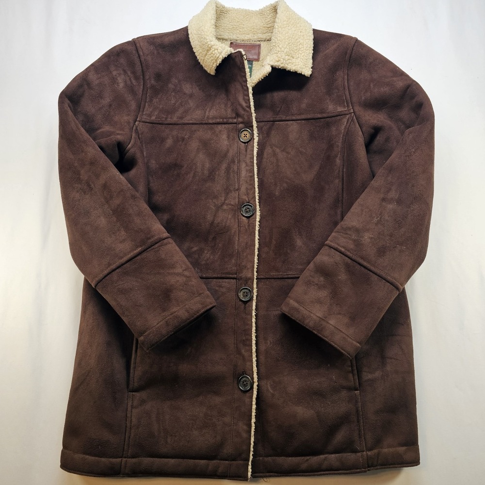 Ralph Lauren Faux Suede Sherpa Lined Coat Women's L Brown Button Front Shearling